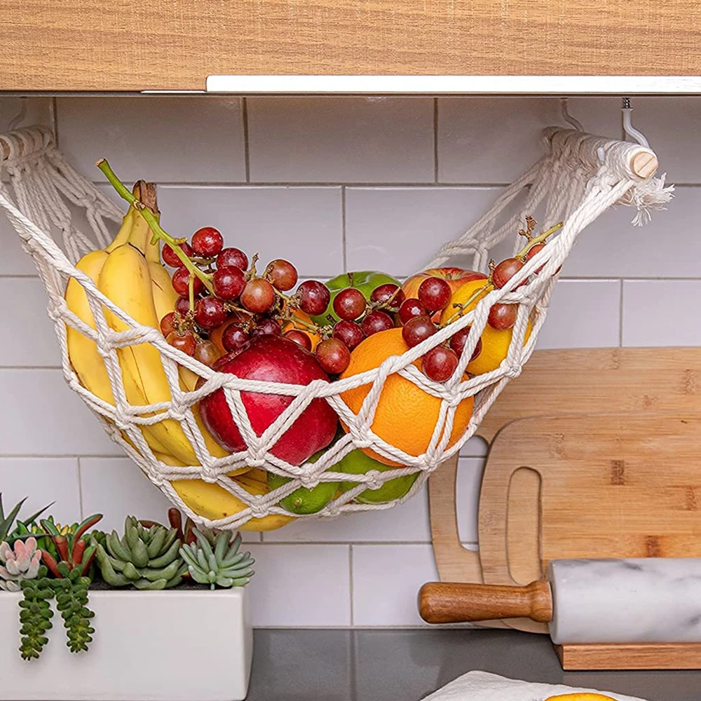 Macrame Hanging Fruit Hammock Under Cabinet Cotton Rope Woven Hammock Storage Basket For Fruit Vegetables Organizer