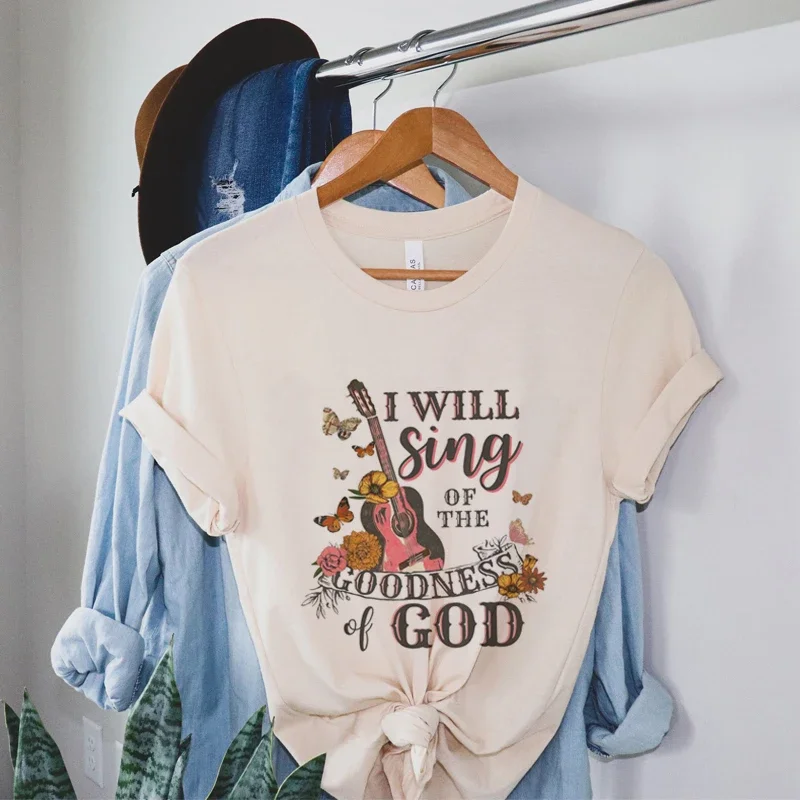 Women Vintage Boho Guitar Print Gospel Music T-Shirts Bible Verse God Worship Tshirt Religious Faith Tee Shirt Christian Apparel