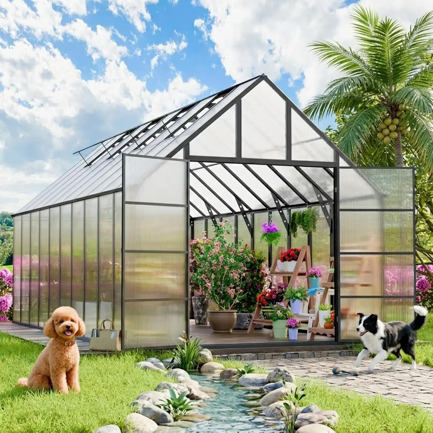 

Теплица 20x10x10 футов для улицы, легкосборная, большая, из утолщенного алюминия и поликарбоната, с 4 вентиляционными окнами, распашными дверями