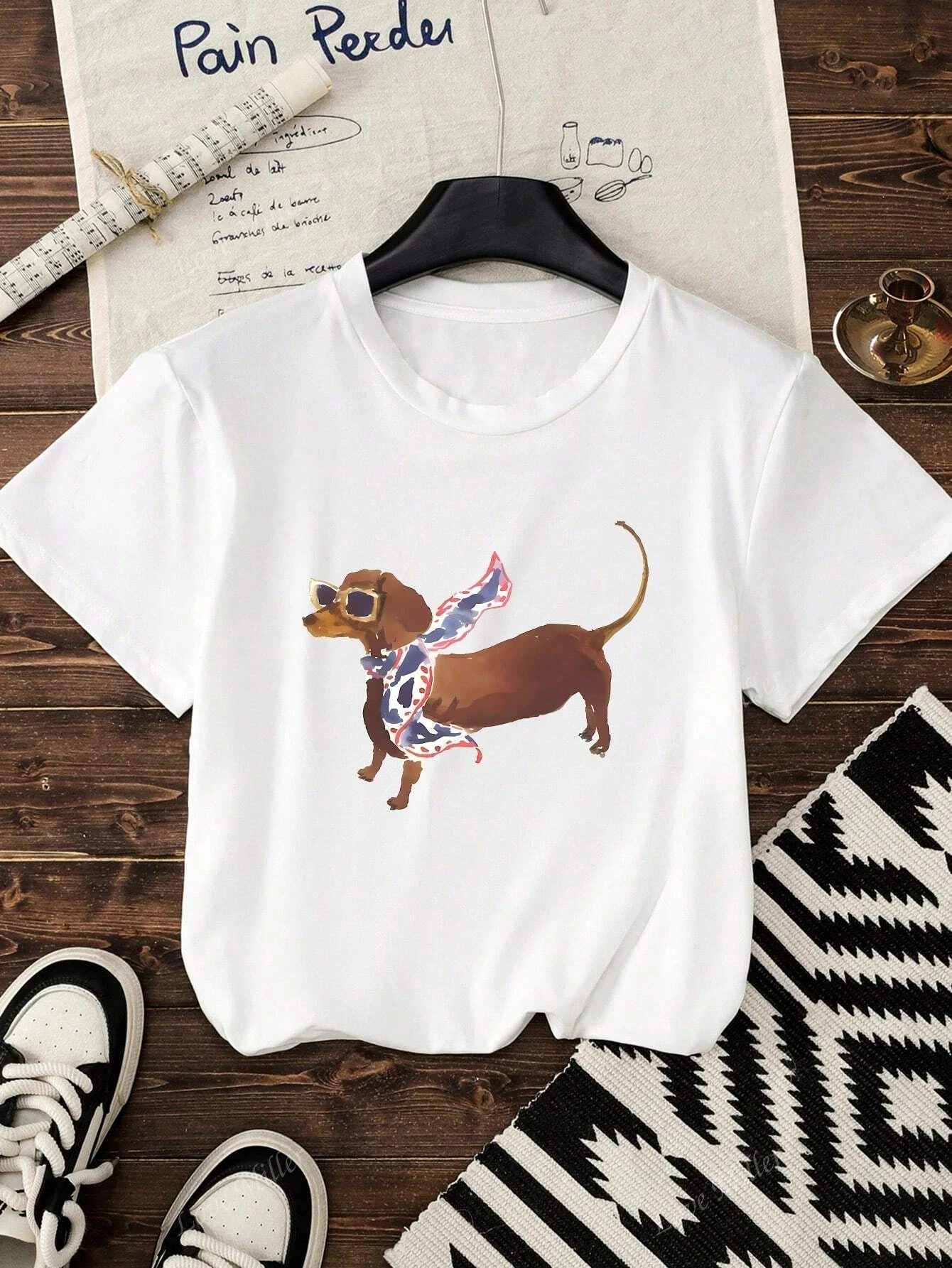 Fun Sausage Dog Printed Cotton T-shirt Summer Women's Leisure Home Travel Tee Round Neck Comfortable Breathable Y2k Top