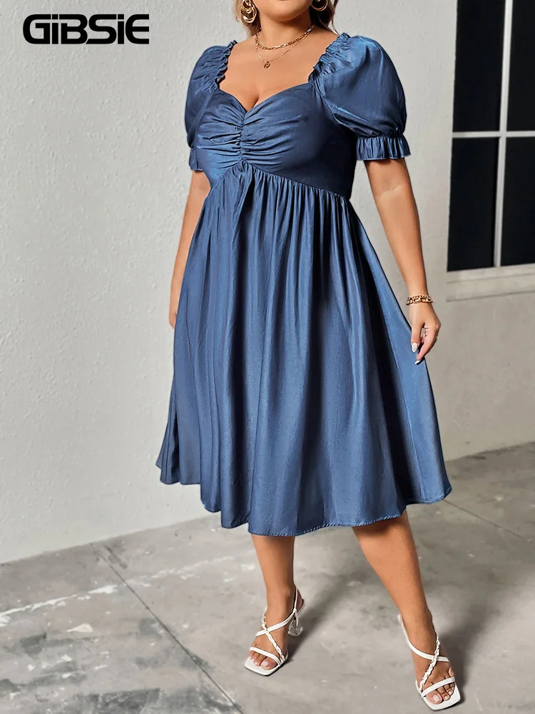 GIBSIE Plus Size Sweetheart Neck Shirring Backless Puff Sleeve Midi Dress Women 2024 Summer Vintage Elegant Party A-Line Dresses