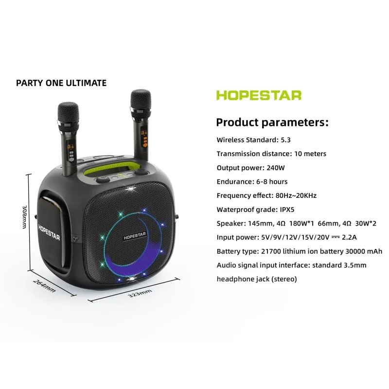 Hopestar Partyone Ut 240W Grande Potenza Esterna Impermeabile Hifi Stereo Subwoofer Wireless Rgb Luce Portatile Karaoke Suono Con Microfono