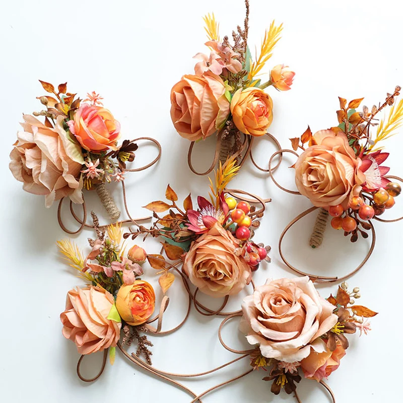 25069 بوتونيير للرجال، زهور صناعية لصدار المعصم لديكور الزفاف/الحفلة الراقصة/العودة للوطن، إلخ. قارب بساتين الفاكهة والكراميل