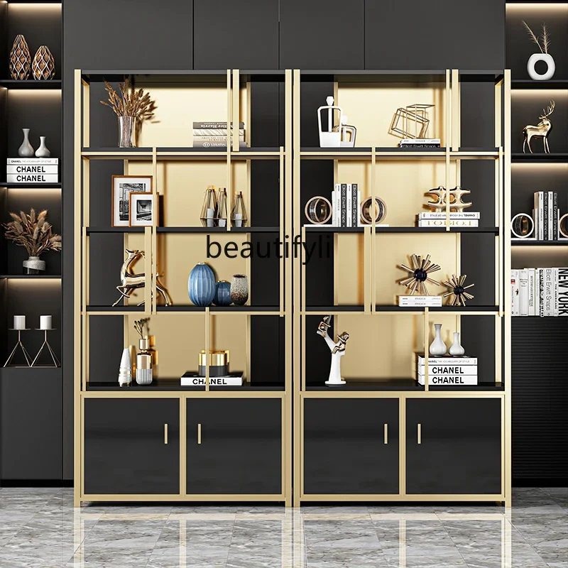 

Yh Light luxury stainless steel bookshelf floor-to-ceiling living room, shelf storage, modern simple Bogu shelf