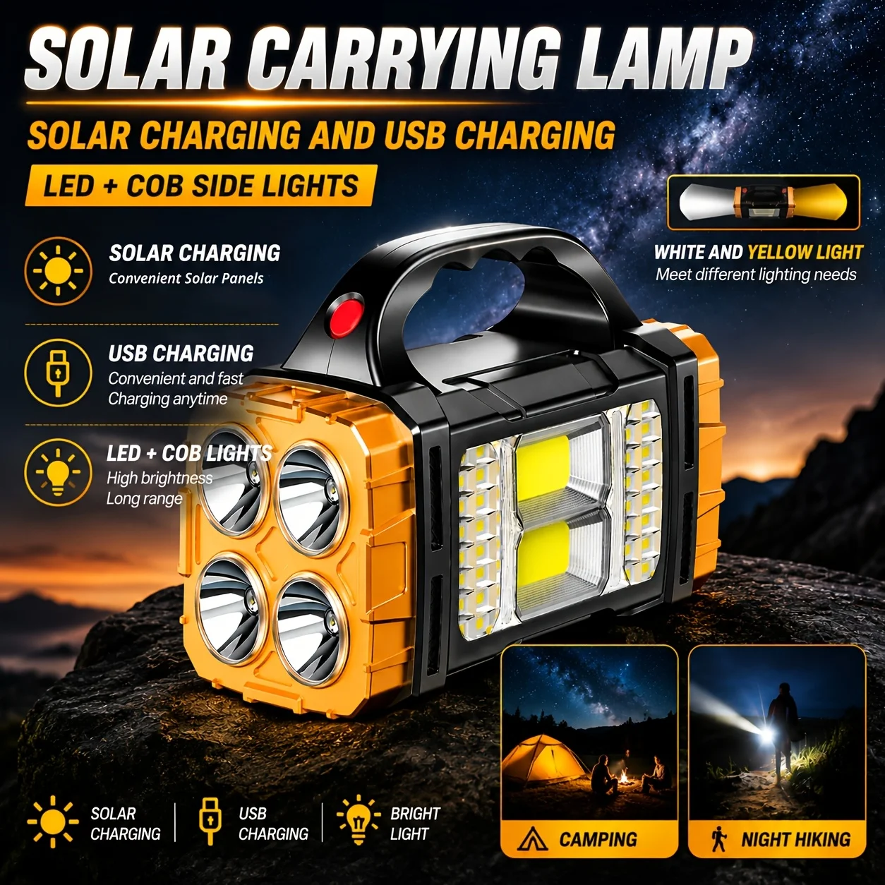 Powerful LED Flashlight USB+Solar Rechargeable Flashlight COB Outdoor Camping Torch Portable Searchlight Power Bank Outdoor