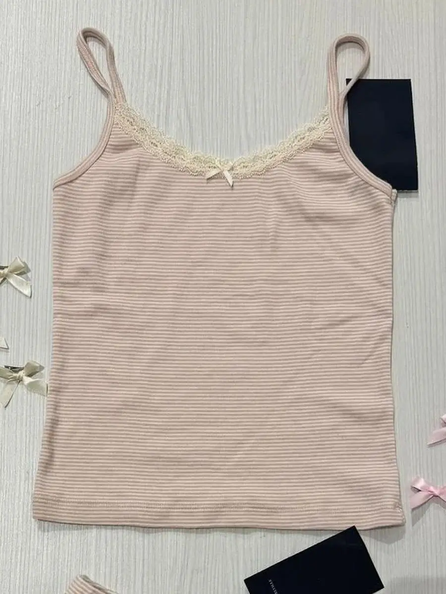 Striped Pink Vest Pants 2 Pieces Set Pajama Woman Lace Trim Bow Slim Tank Top High Waist Straight Long Pant Cotton Sweet Sets