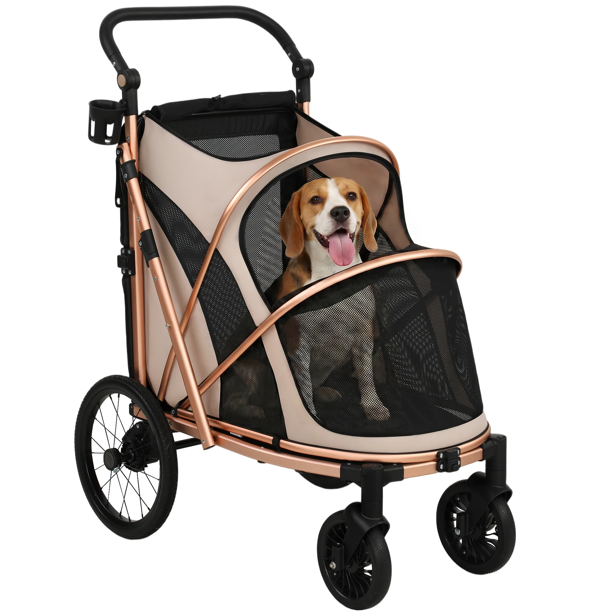 Pawhut Opvouwbare Hondenbuggy tot 20 kg, Buggy voor middelgrote honden met grote rubberen wielen, vering en rem, gaasramen, aluminium frame, kussen, riemen, lichtbruin