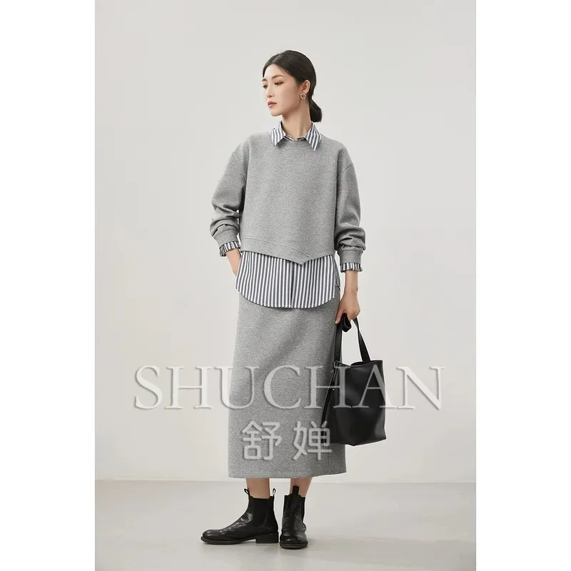 Fashionable! Air Cotton Sweatershirt+ Striped Shirt Vest + Skirt Three-piece Set 25 Spring Womens 3peice Sets