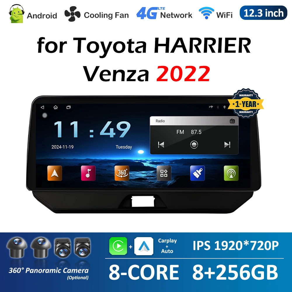 Bluetooth Wireless Carplay for Toyota HARRIER Venza 2022 Car Multimedia Video Radio Player Cooling fan Touch Screen Head Unit 4G