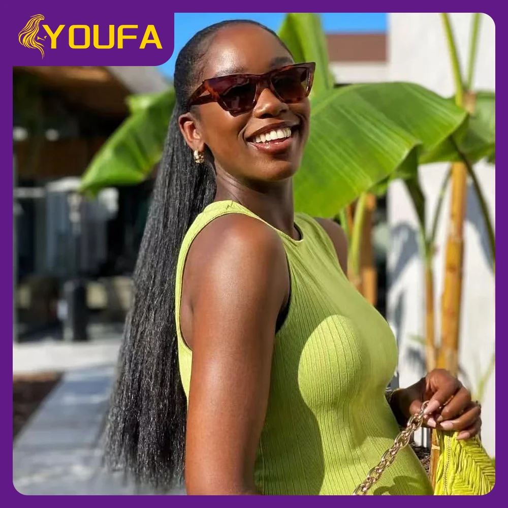 Fotografia 7: Kinky reta rabo de cavalo extensão envoltório em torno de rabo de cavalo com clipe e pasta mágica 100% cabelo humano longo yaki rabo de cavalo reto