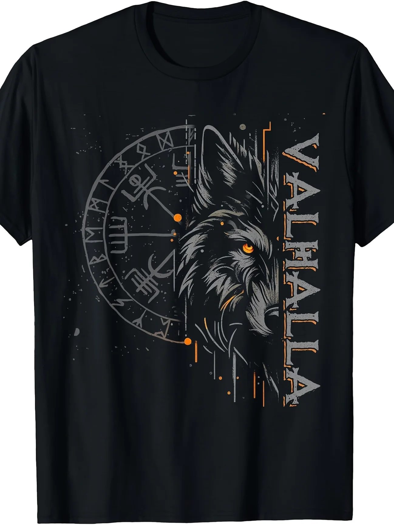 T-shirt Viking Norse pour homme avec runes d'Odin et loup de Valhalla - emblème de boussole viking, imprimé dieux nordiques, t-shirt décontracté unisexe à col rond, grande taille, adapté pour la maison, l'extérieur, le travail, les cadeaux (anniversaires, Saint-Valentin)