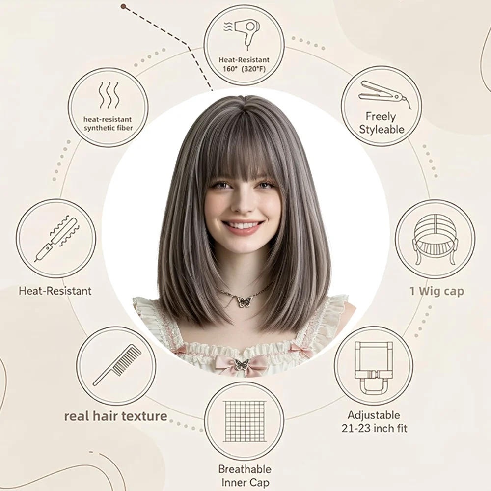 Cute Pastel Misty Gray Purple Bob Wig With Straight Bangs Short Straight Synthetic Wig For Women Daily Wear Halloween Cosplay