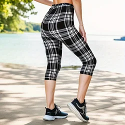 QR20 Summer Pants, WOMEN'S Cropped Pants, Black and White Grid Printed Leggings, Fitness and Stretch Short Sportswear