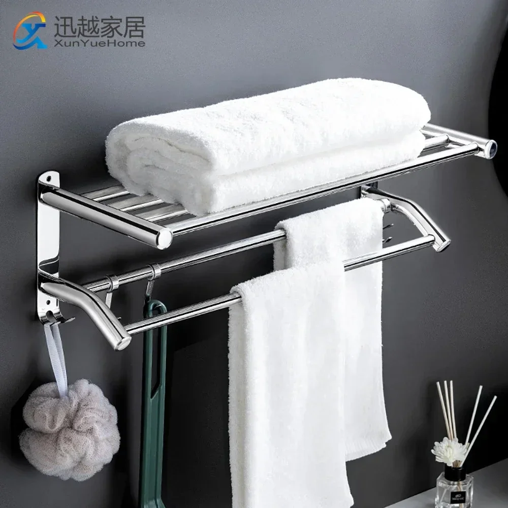 Towel Rack 304 Stainless Steel Wall Mount Hanger Shower Rail Fixed Holder Movable Hook Mirror Chrome Shelf Bathroom Accessories