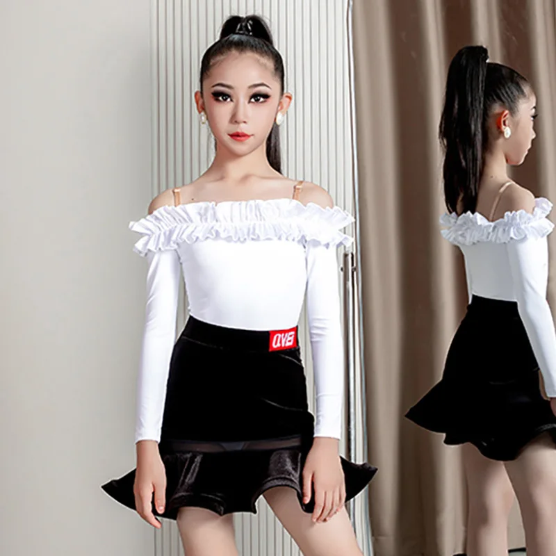 Crianças meninas trajes de dança latina babados eage cinta bodysuit e saias de veludo crianças rumba chacha desempenho dancewear