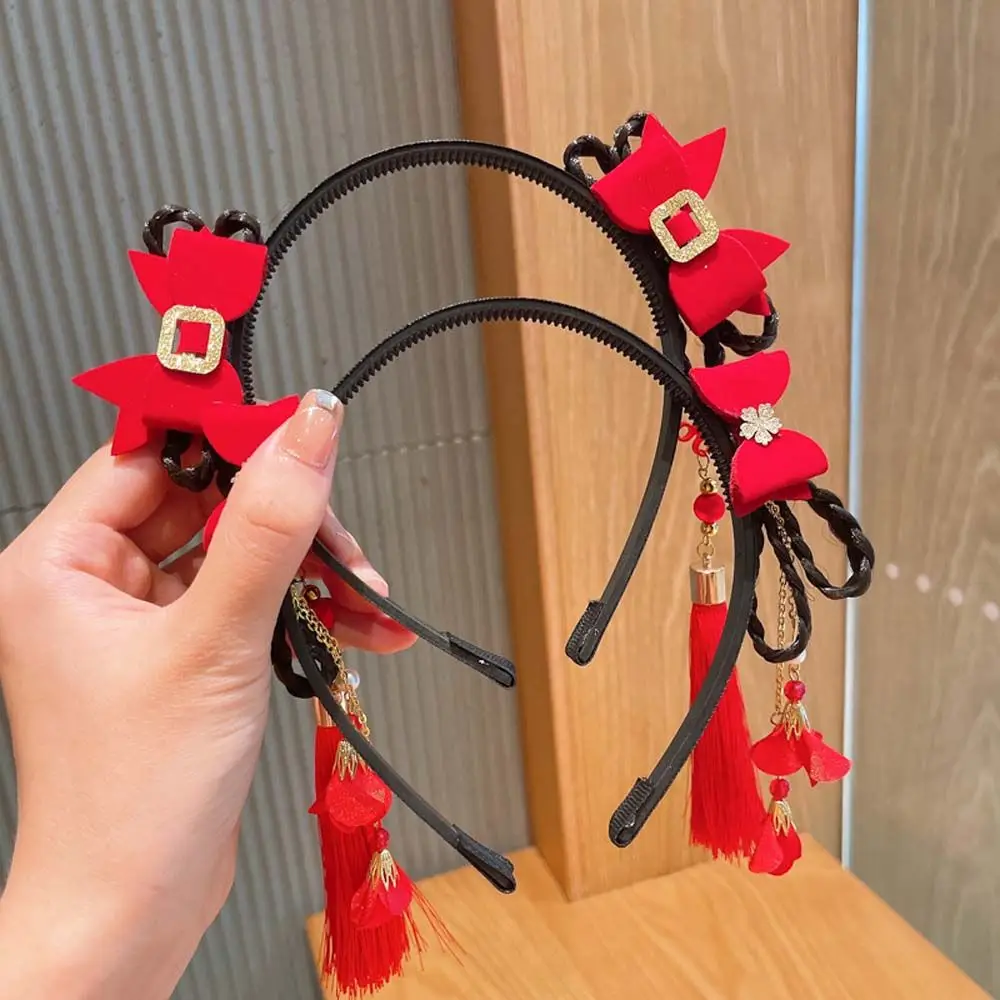 Accessories Flower Tassel Pearl Bow Pigtail Wig Chinese Style Hair Band Hanfu Hair Hoop New Year Headress Children's Headband