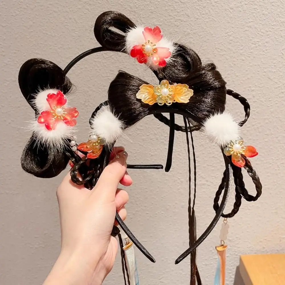 

Cute Flower Children Wig Headband Tassel Braid Hair Chinese New Year Headwear Tang Suit Hair Hoop Plush Red Bow Hairband Baby