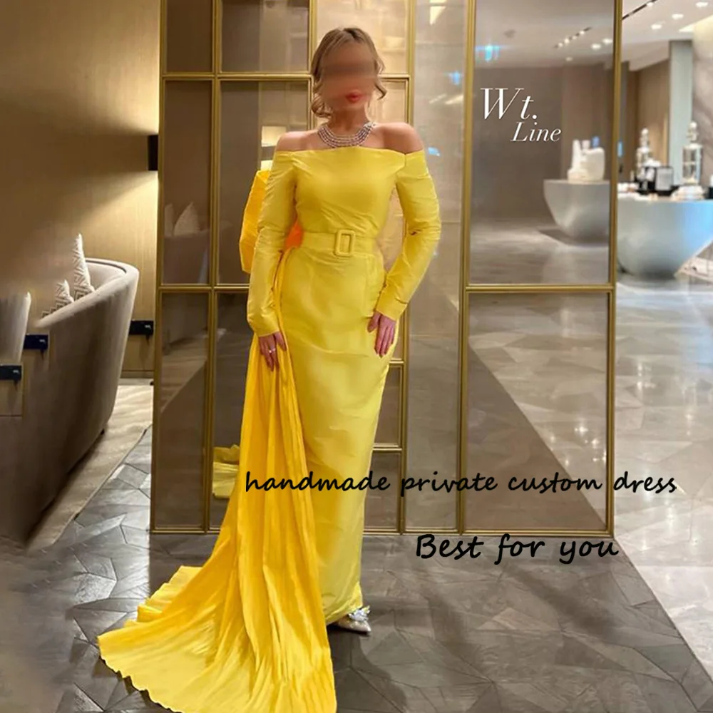 

Yellow Satin Mermaid Evening Dresses 3/4 Sleeve Boat Neck Prom Dress with Train Long Formal Party Gowns