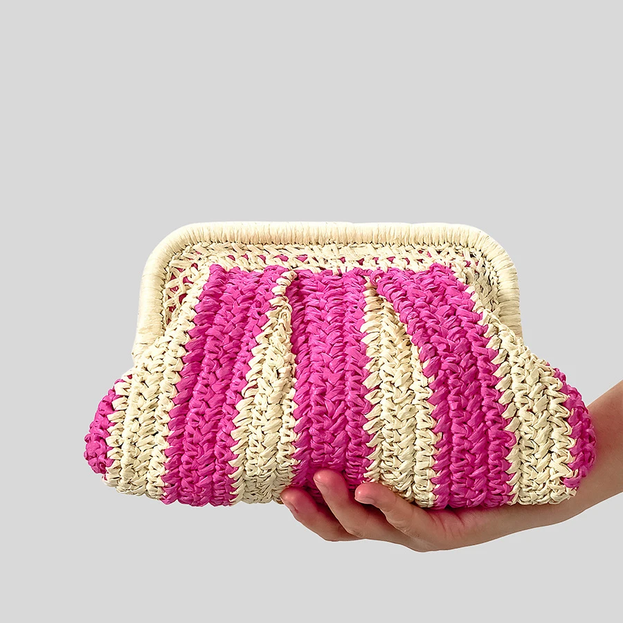 fashion striped straw clutch bag for women paper woven shoulder crossbody bags handmade casual summer beach bag bali purses 2024