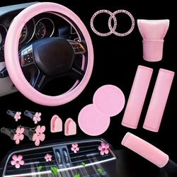 15pcs Car Accessories Set Women, Faux Leather Steering Wheel Cover Universal Fit 15 Inch, Flower Vent Clips