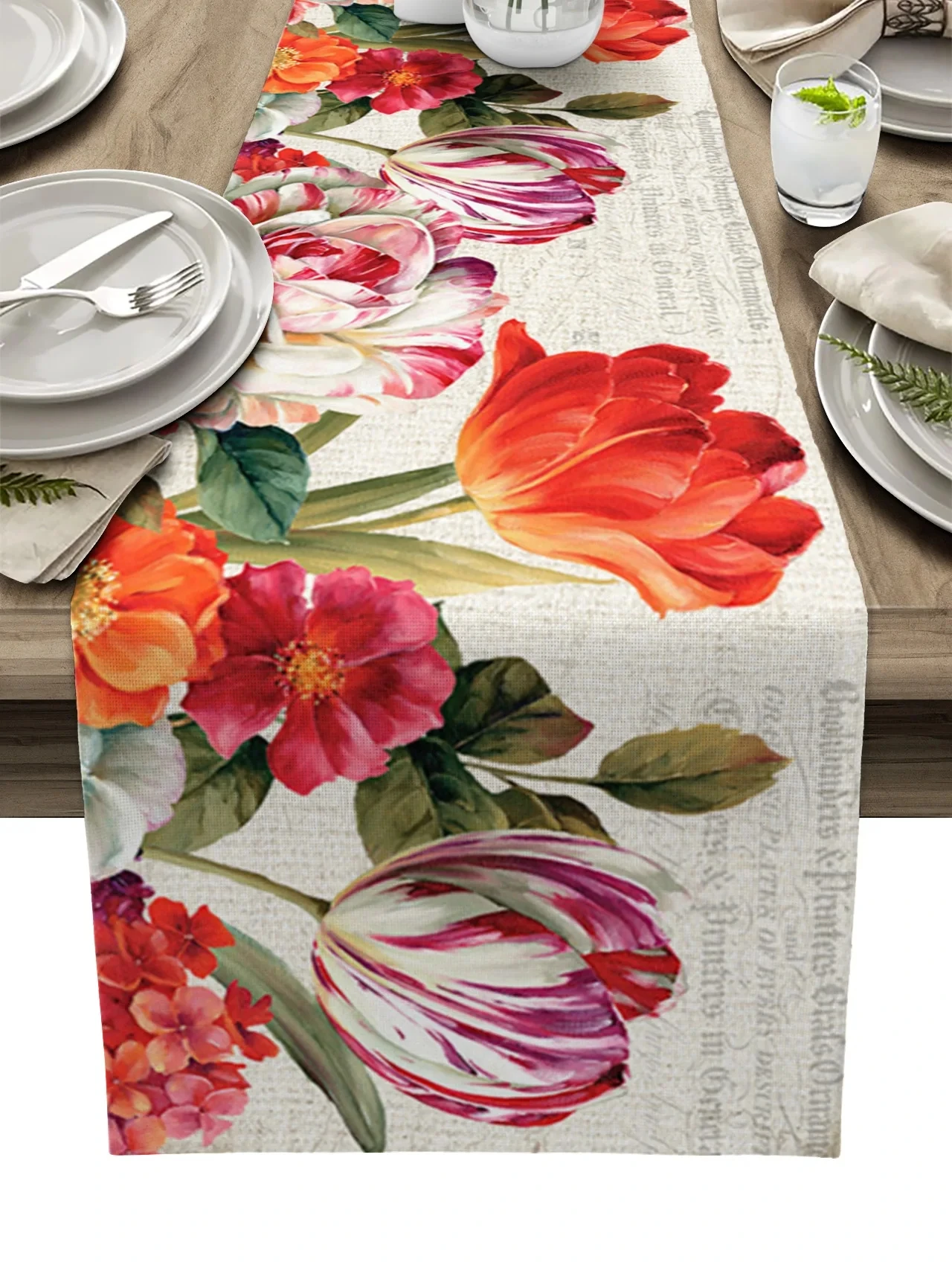 

Spring Vintage Flowers Tulips Oil Painting Linen Table Runners Farmhouse Wedding Holiday Party Decor Kitchen Dining Table Runner