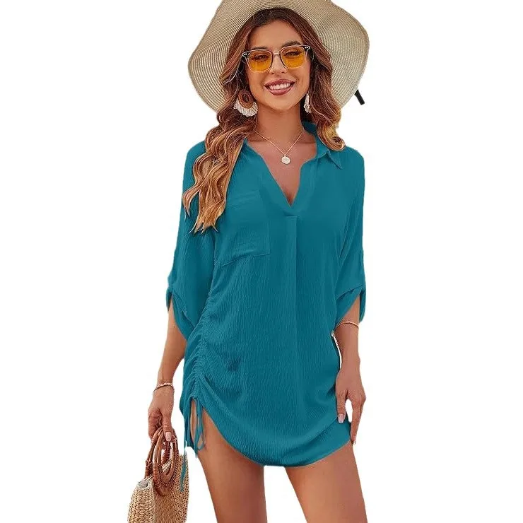 قميص شاطئ نسائي صيفي فضفاض برباط لعام 2025 فساتين غير رسمية للتخسيس على طراز عبر الحدود ماركة صينية عصرية