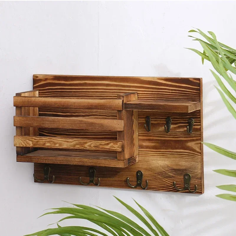 1pc Vintage Mails Holder Rack with Hooks Wall Mounted Wood Shelf Storage Tray Sorting Letters Keys Hat Bag Coat Towel Sundries