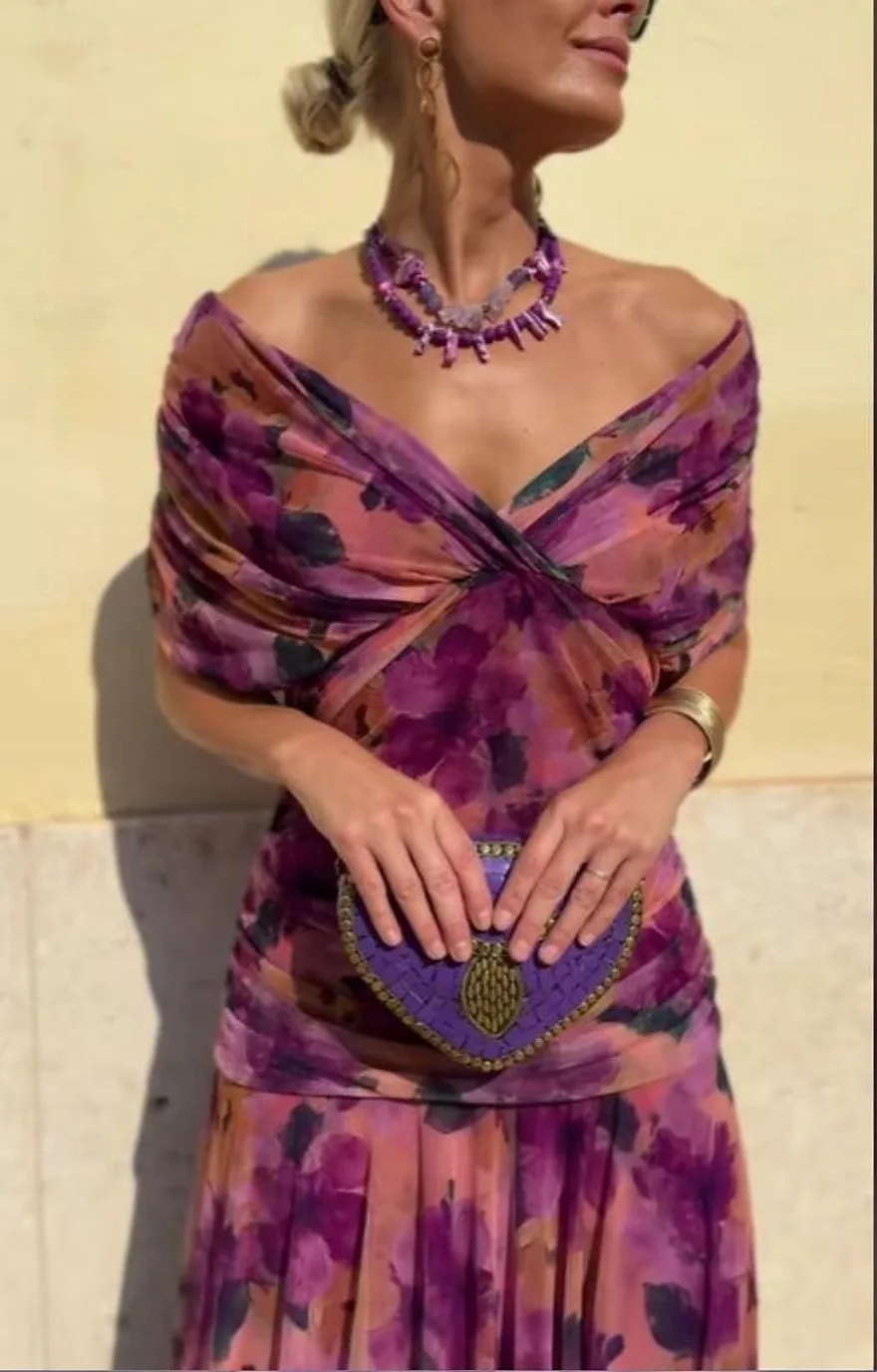 Vestido Midi Elegante com Estampa Floral em Tule Verde, Vestido Ombro a Ombro para Noite, Convidada de Casamento, Verão, Férias, Praia, Pôr do Sol - Novo