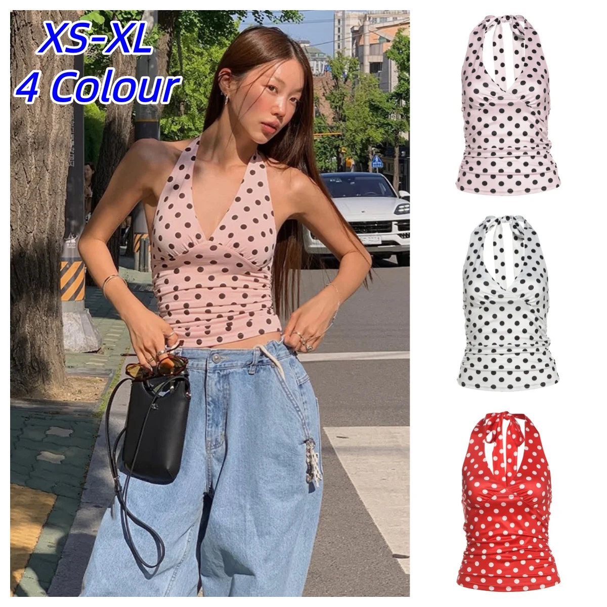 Женский топ с принтом в горошек Y2K, на шнуровке, с открытой спиной, халтер, V-образный вырез, облегающий, летний, трендовый, повседневный, уличный, базовый, шикарный, 2026