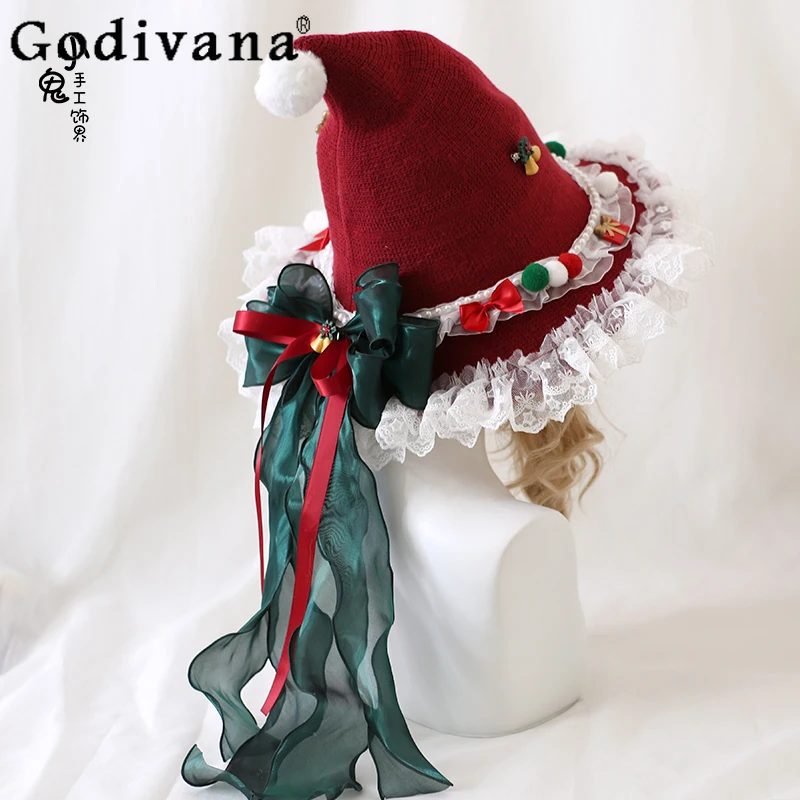 

Japanese Original Lolita Christmas Red Bow Plush Lace Witch Hat Christmas Witch Hat