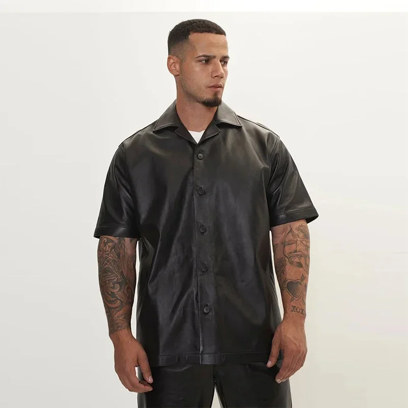 Men's Black Matte PU Leather Shirt Top Male Casual Button Lapel Short Sleeve Shirt Loose Streetwear Top Custom Clubwear Jacket