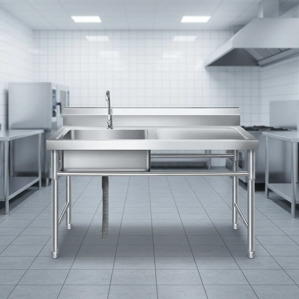 

Hot Sales Stainless Steel Restaurant Sink Table Europe Style with Single Bowl and Faucet Right Drain Board Left Bowl