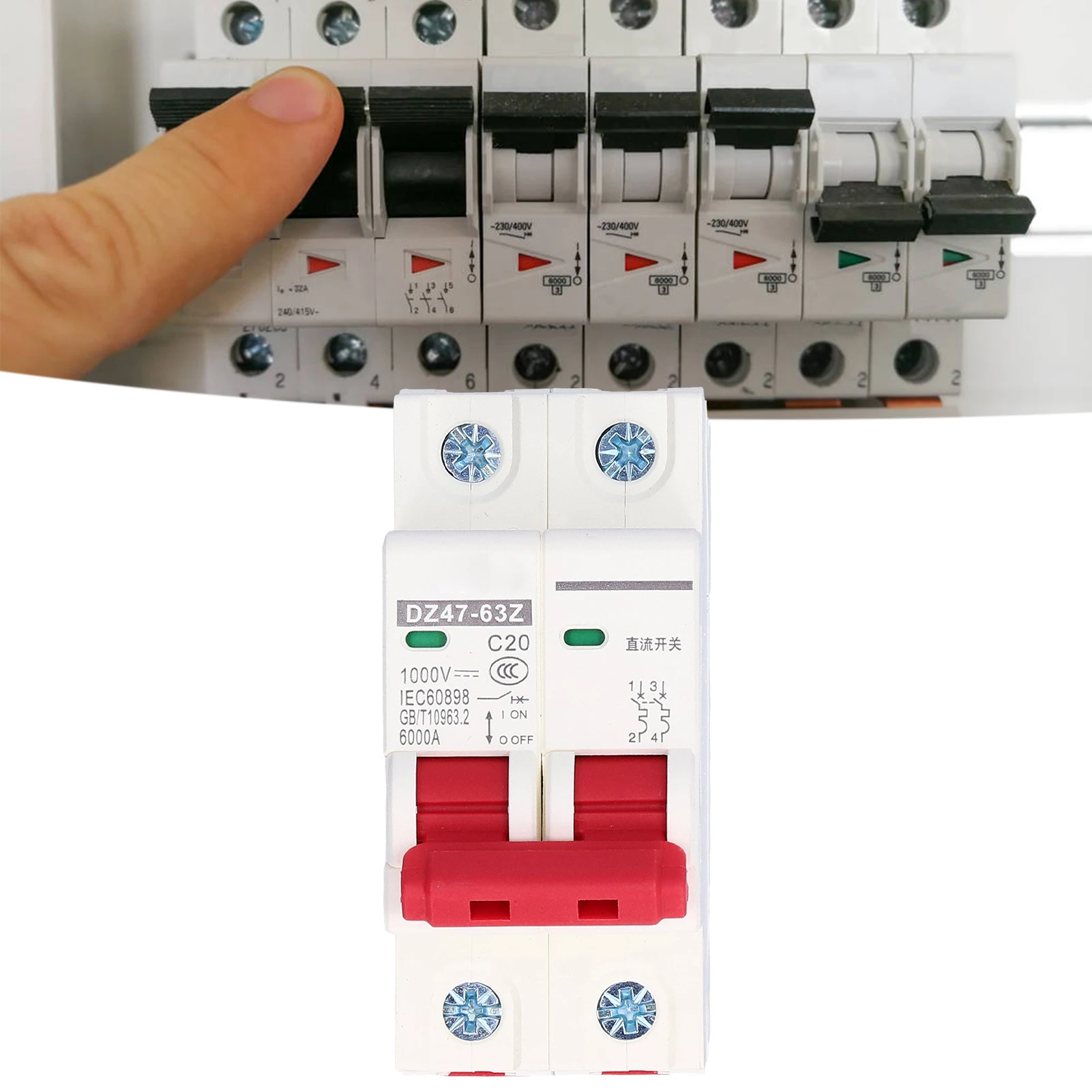 DC Miniature Circuit Breaker 2P Solar PV System Isolator DIN Rail Mount 1000V 20A DZ47‑63Z C20