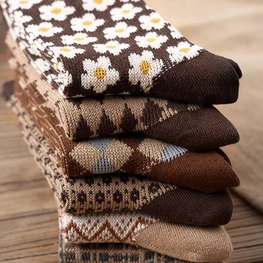 6 pares retro estilo japonês malha meados de bezerro meias quentes retro meias escolares para meninas moda outono inverno meias com impressão