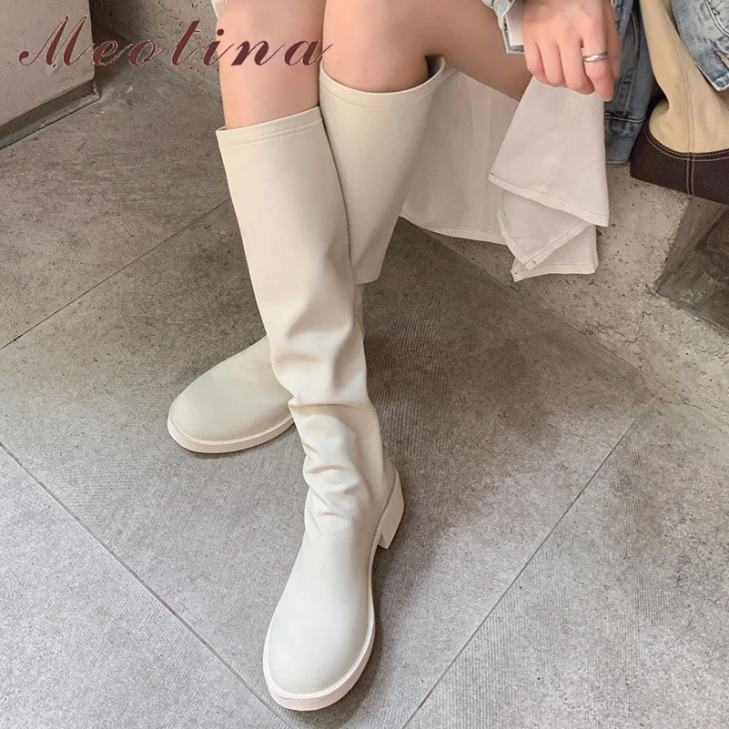 Meotina Women Genuine Leather Knee High Riding Boots Round Toe Block Mid Heel Zipper Lady Pleated Long Boot Autumn Winter Shoes