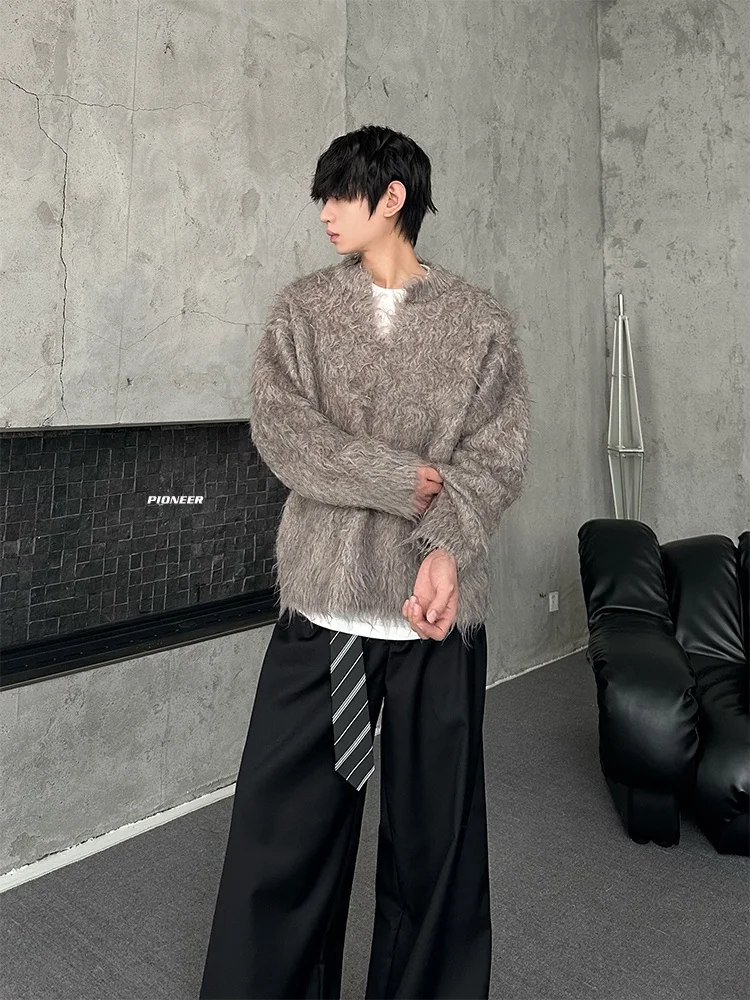 MARTHENAUT Warm Furry Sweater Autumn Winter Lazy Style Pleated Loose Thickened Open Cardigan Men's Loose Fit V-Neck Long Sleeve