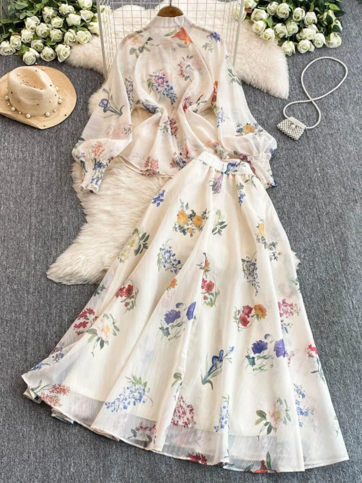 

High-End Retro Print Soft Color Beige irt Set Women Winter 2025 New Design Single Button Two-Piece Set Faionable Ensemble