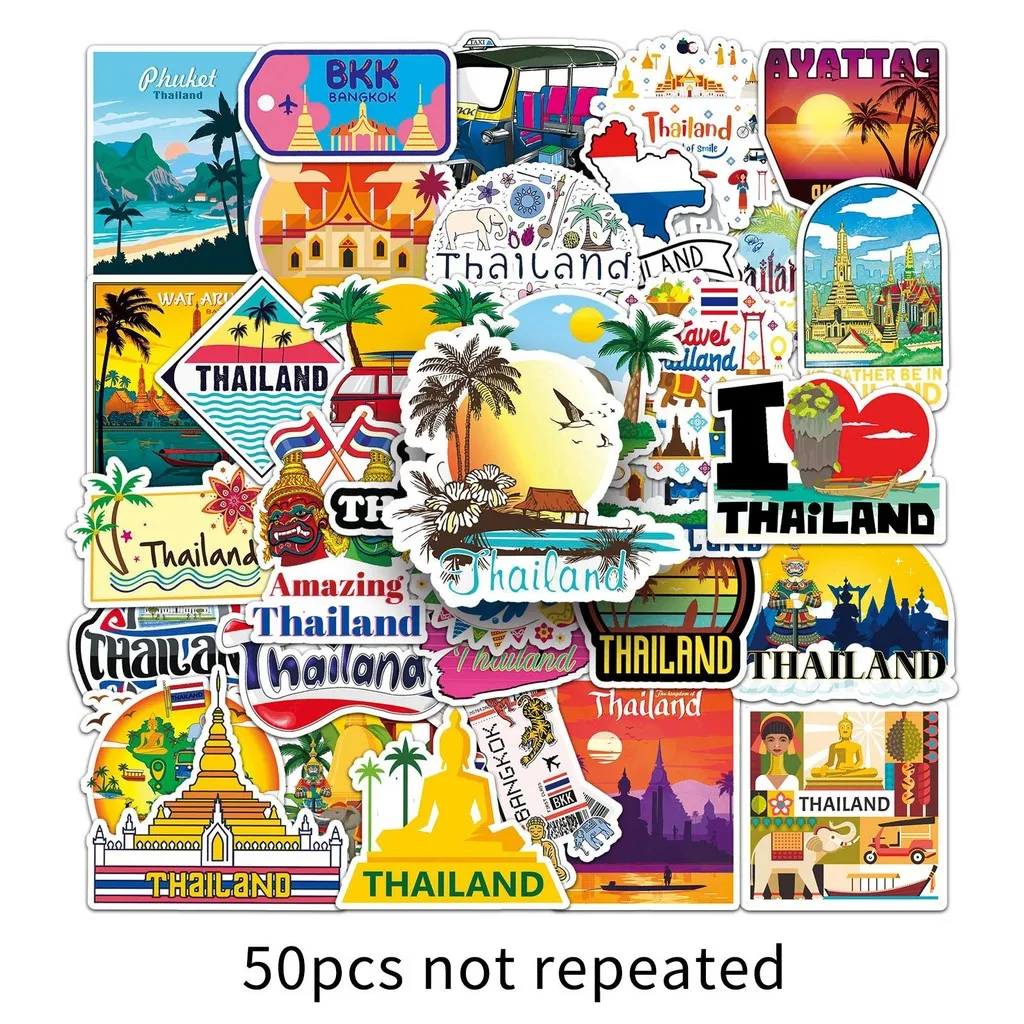 50 pegatinas de manual de paisaje de viaje tailandés, calcomanías decorativas impermeables para fundas de teléfono, cuadernos y botellas de agua DIY