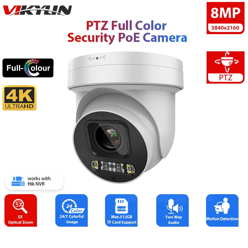 Vikylin 5X Zoom IP Security Camera 8MP 4K PTZ Color Night for Hikvision Compatible POE Audio 512GB SD Human Vehicle Detect Cam