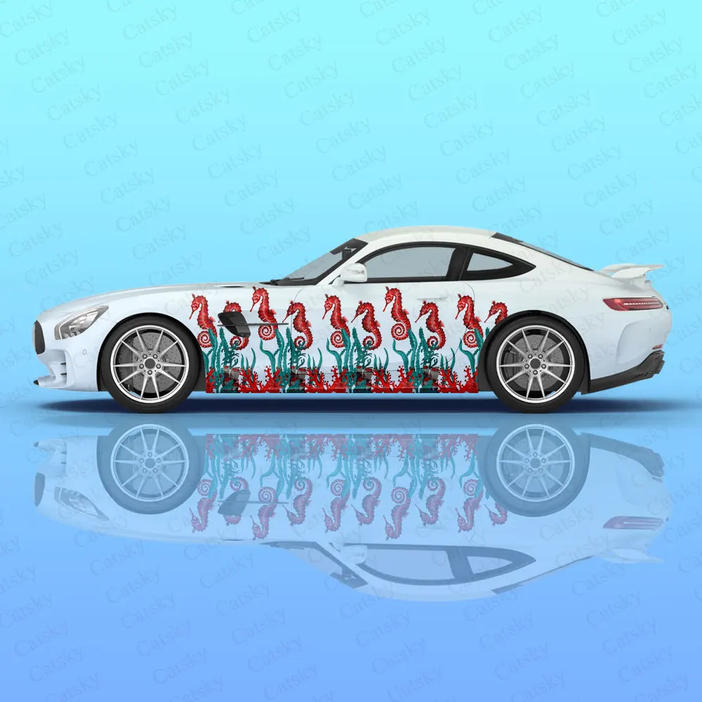 Colour Hippocampus Racing Car Graphic Decal Full Body Vinyl Wrap Modern Design Vector Image Wrap Sticker Decorative Car Decal