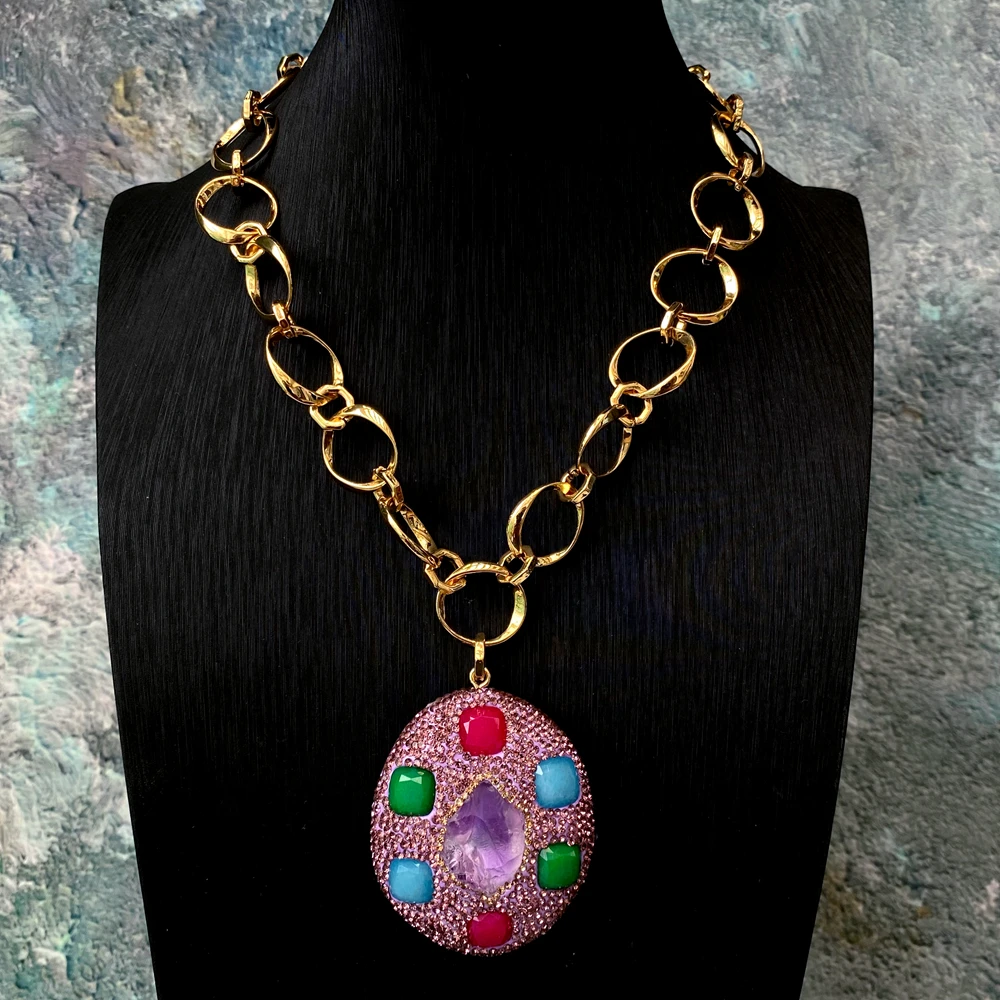 Y·YING Natural Purple Amethyst Rough Multi Color Jade Crystal Pave Pendant Chain Necklace 18