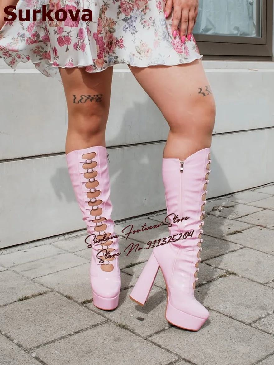 Surkova Pink Patent Leather Strange Chunky Heel Knee Boots High Platform Buckle Strap Summer Sandal Boots Hollow Out Caged Shoes