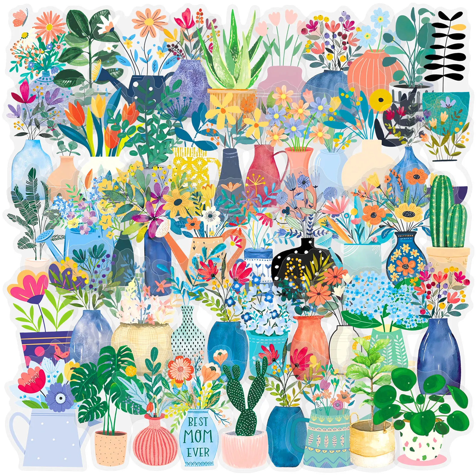 50-Pack Nordic Cartoon Transparent Flower Pot Waterproof PET Stickers for Mobile Phones Tablets Guitars Notebooks Stationery