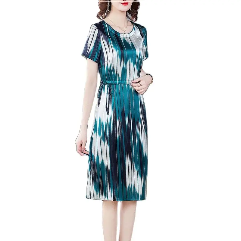 

Summer High-grade Silk Dress 2023 New Round Neck Elegant Long Loose Slim Striped Temperament Casual Skirt