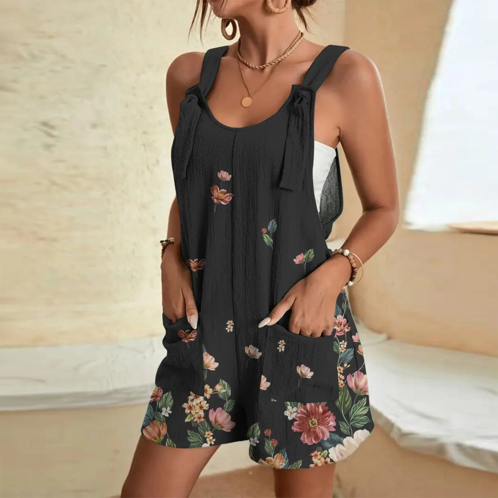 

Bohemian Floral Printed Short Playsuit Womens Summer Casual O Neck Sleeveless Jumpsuit Elegant Shorts Loose Rompers with Pockets