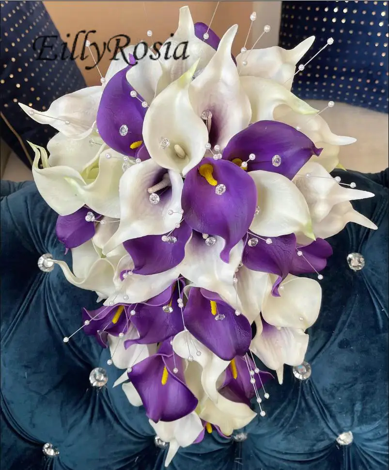 EillyRosia Romantic Cascading Purple White Wedding Bouquet Royal Purple Silver Blings Roses Lilies Teardrop Bridal Bouquet