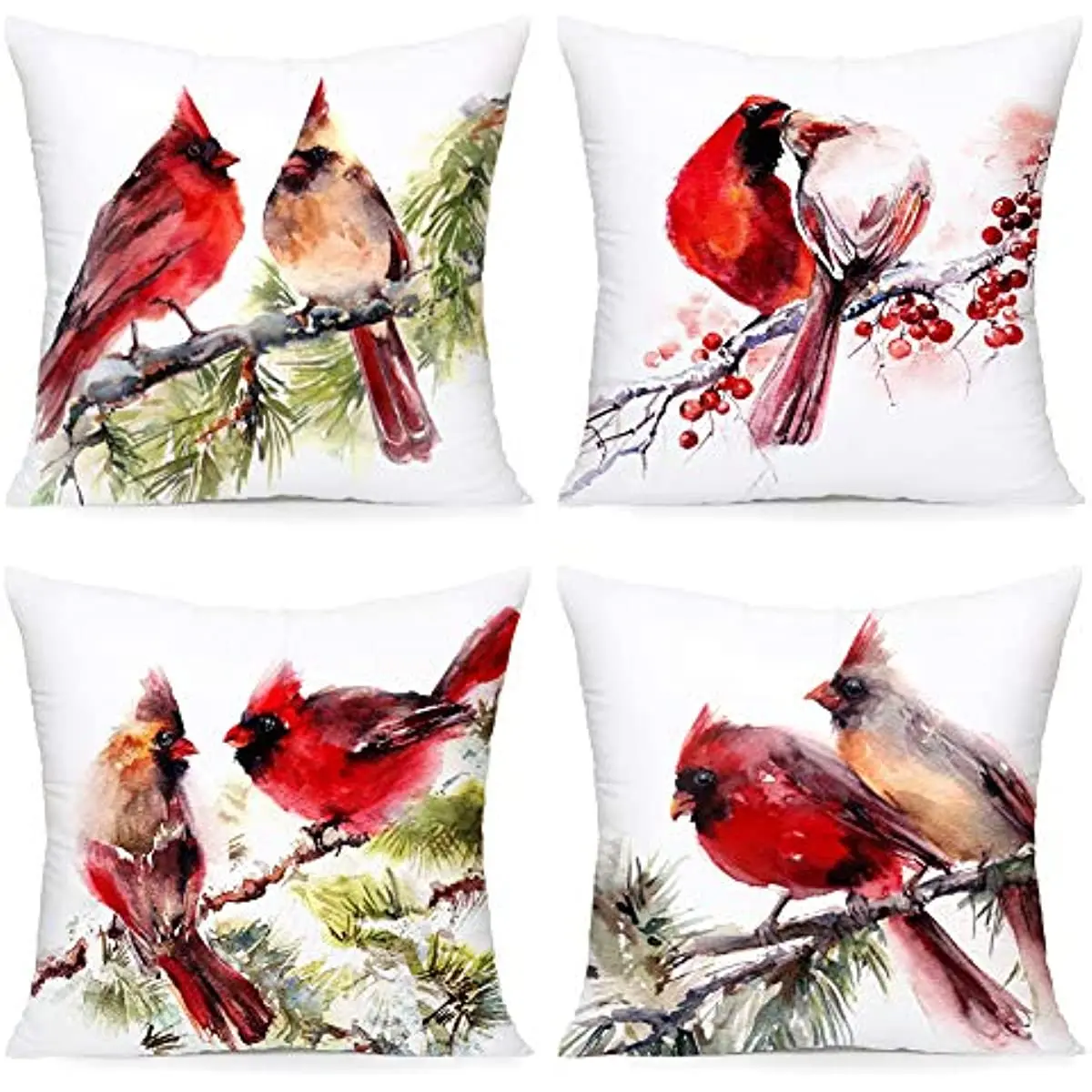 

Set of 4 Cardinal Birds Stand Tree Throw Pillow Case Red Pillowcase for Sofa Car Couch Super Soft Ink Painting Pillowslip 45x45