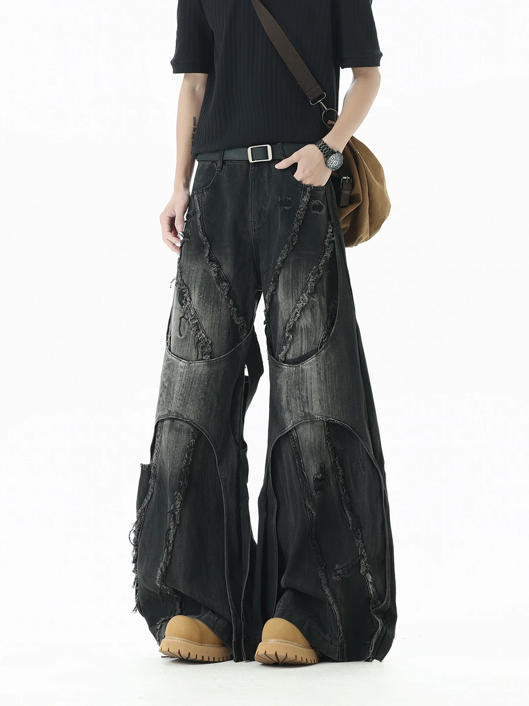 Ripped Denim Jeans Men's Autumn American High Street Heavy Industry Subculture Wide Leg Floor-Length Pants Patchwork Structur...