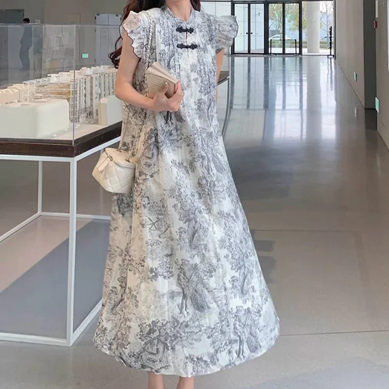 Chinese Style Ink Wash Painting Small Flying Sleeve Dress for Women's Summer New High-end Light Luxury Loose Slimming Long Skirt