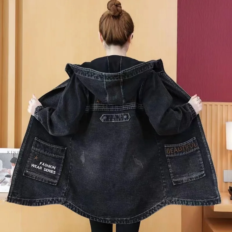 Imagem -05 - Coreano Bordado Carta Denim Windbreak Cabolsa Feminino Primavera Outono com Capuz com Zíper Cabolsas Novo Solto Casual Jeans Jaquetas Femininas